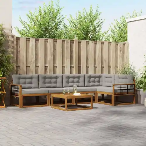Nyt produkt | Udendørs sofagruppe i akacietræ - modulsofa med bord, natur/lysegrå (6 dele)